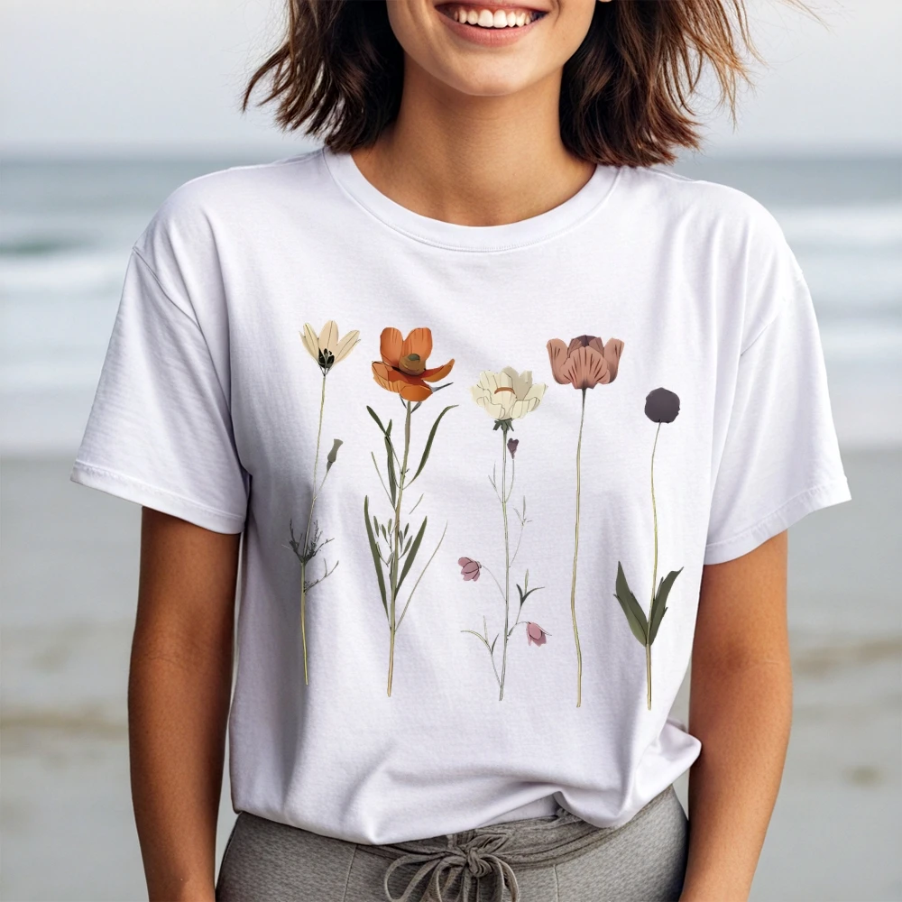 Wildflowers Graphic T-shirt Women's Short Sleeved O-Neck Top  Lady Fashionable Printed Tee Female Summer Trendy Casual Cute Top