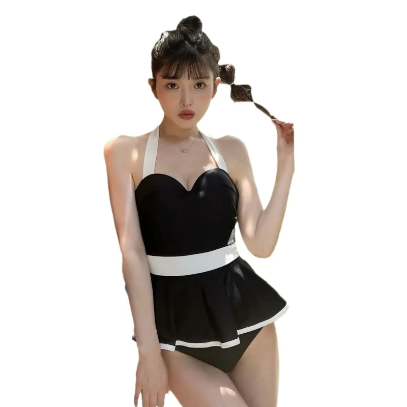 2024 Beach Sweet Women's Bikini Hanging Neck Gathering Backless High Waist Patchwork Slim Female 1-Piece Swimsuit Summer Trendy