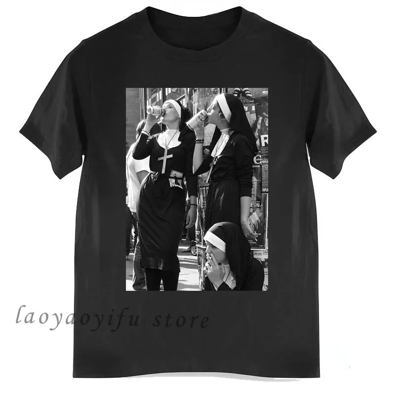 Nun Smoking Amp Drinking TShirt Bad Girls Popular Streetwear Women Men Harajuku Hip Hop Tops Oversized T Shirt Retro T Shirt