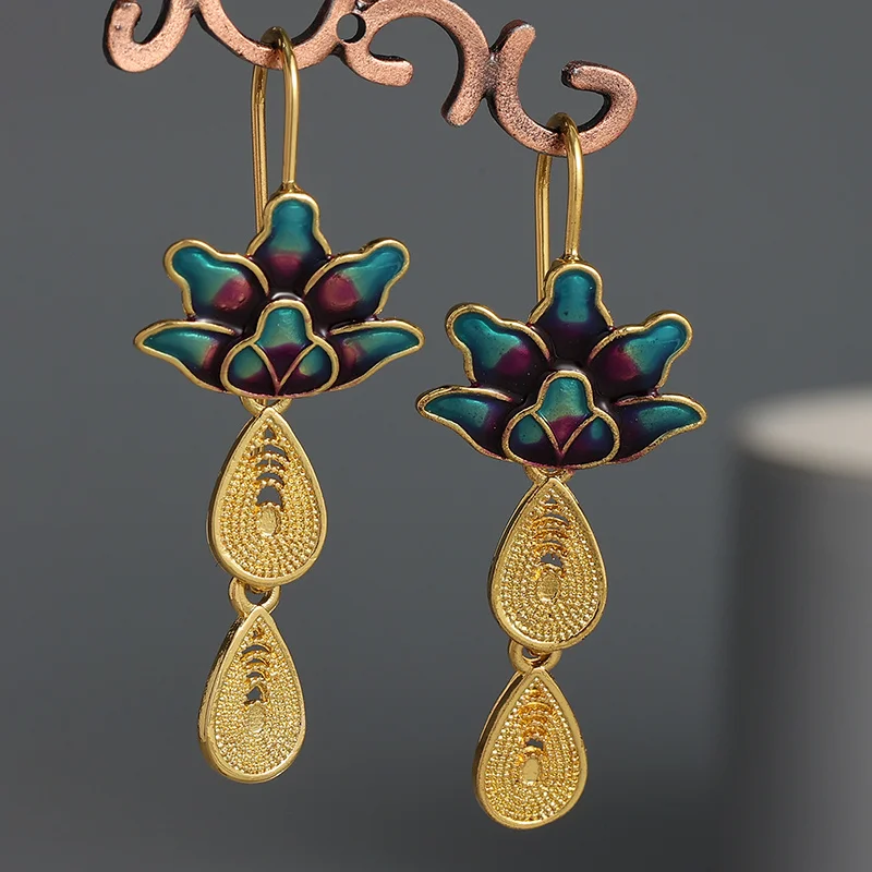 

Exquisite Blue Lotus Flower Drop Earrings for Women Ethnic Jewelry Golden Teardrop Metal Statement Dangle Earrings Gift