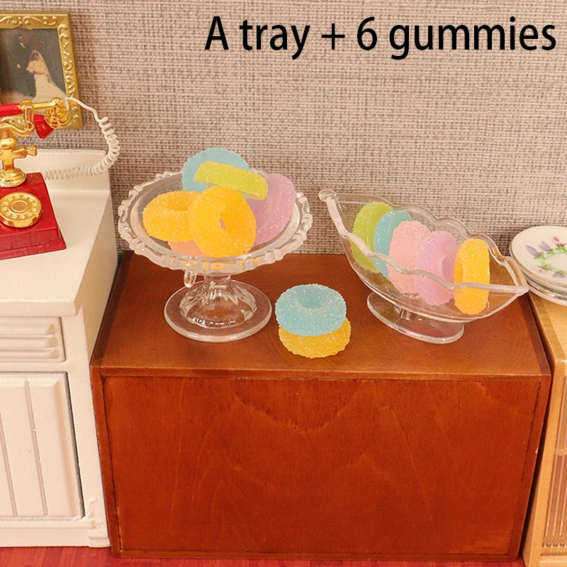 Gomitas de caramelo de colores a escala 1/12, casa de muñecas en miniatura, gotas de gelatina con plato de almacenamiento para casa de muñecas BJD, juguete de cocina