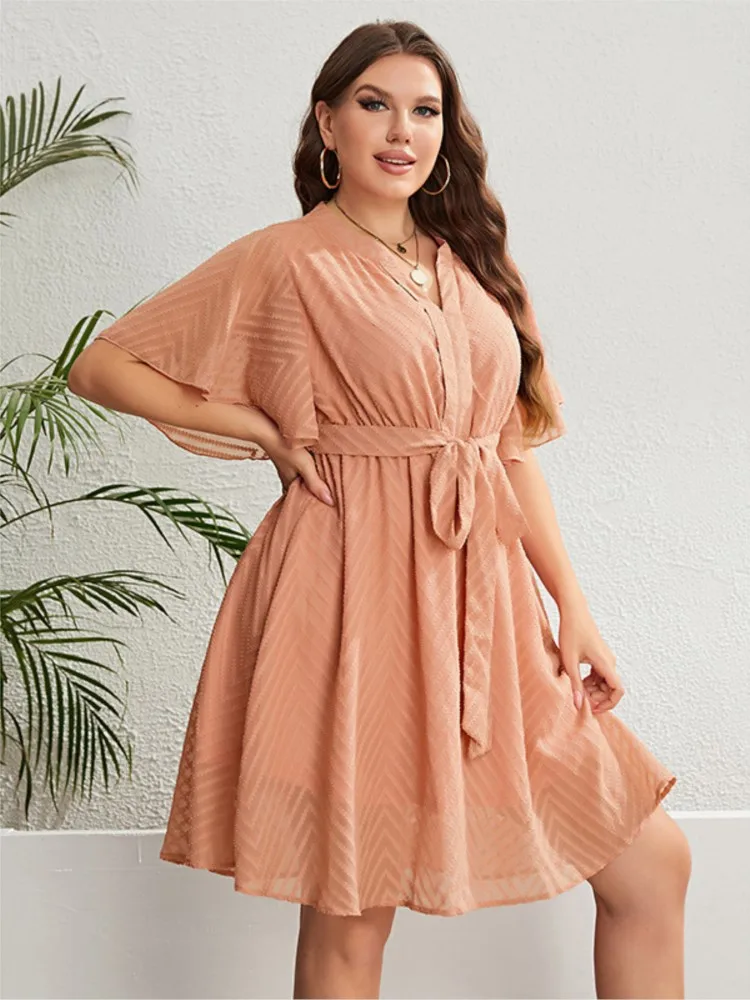 Plus Size Summer Midi Dress Women Pink V Neck Casual Ladies Dresses Loose Fashion Woman Dress 2023 Vestido Mujer