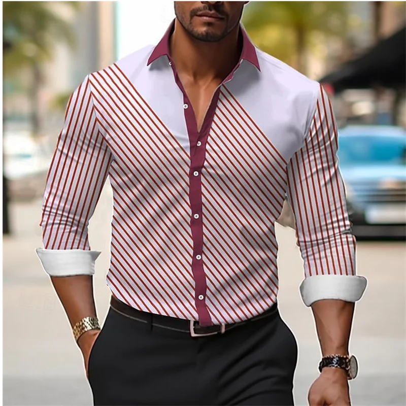 Men's 3D Printed Line Checkere Shirt Fashion And high-quality Lapel Button Long Sleeve Shirt Classic men's Clothing Slim Fit Top