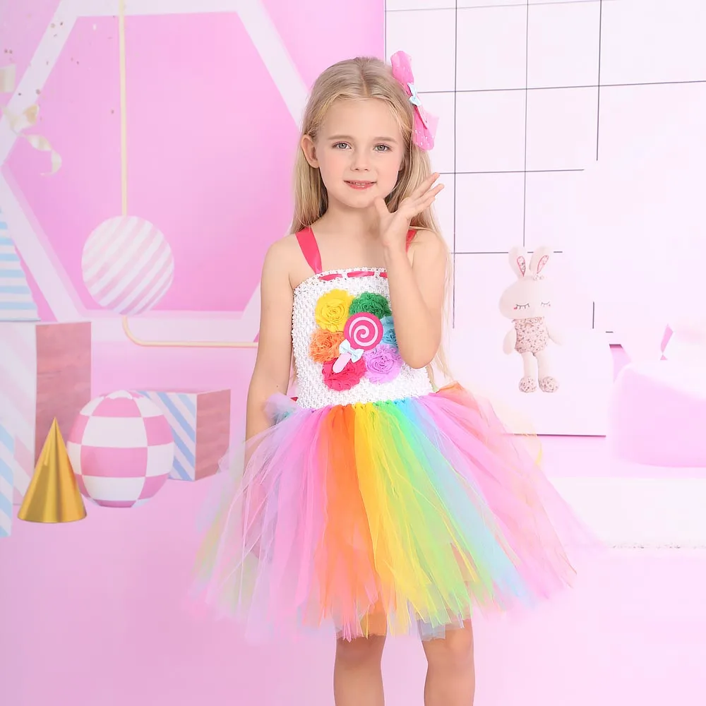 Girls Sweet Rainbow Candy Land Tutu Dress Halloween Party Baby Birthday Kids Flowers Lollipop Summer Dress Princess Tulle Gown