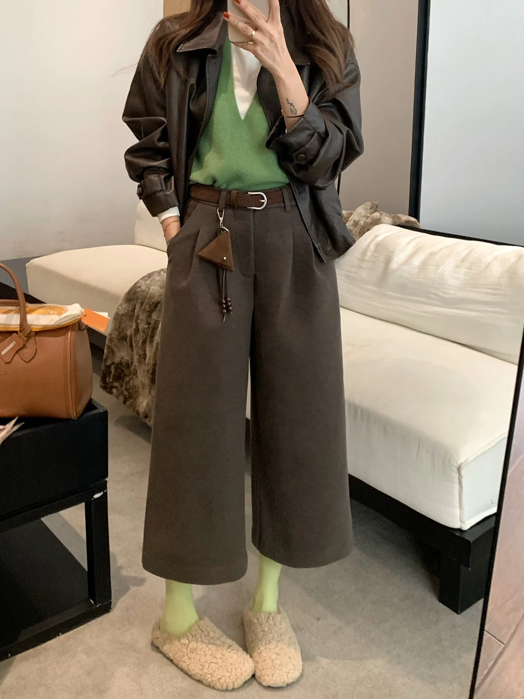 하이웨이스트 루즈핏 두꺼운 브라운 울 와이드 레그 팬츠 여성 가을 겨울 신상 스트레이트 컷 슬리밍 7부 바지