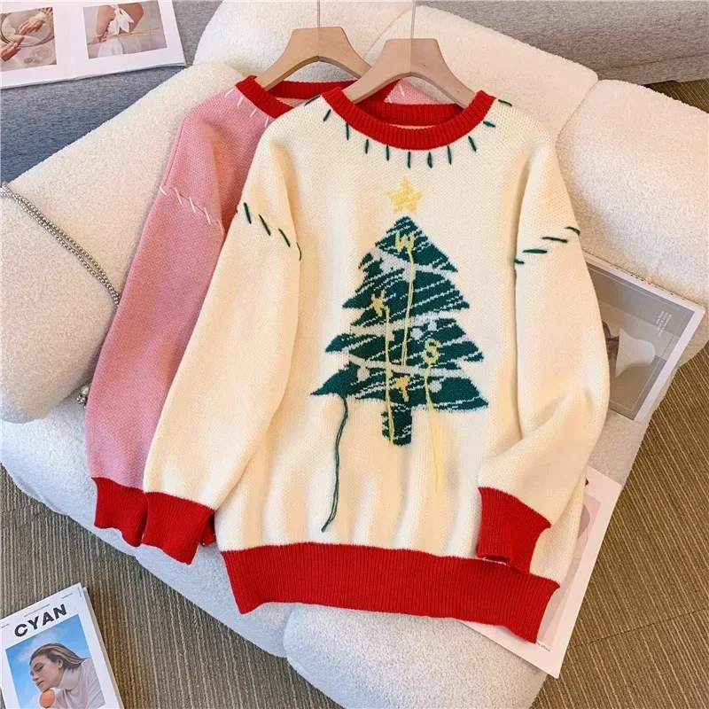 DAYIFUN-Christmas Tree Tassel Design Sweaters Women Autumn Winter Round Neck Contrast Knitted Pullovers Soft Jumpers Top Fashion