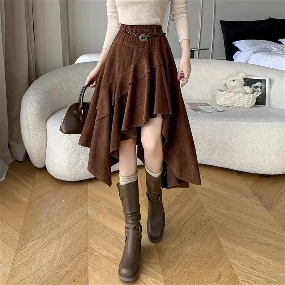 American Vintage Asymmetry Suede Midi Skirt Woman Bohemian Style Vintage Autumn Winter Retro A-Line Skirts Lady Elastic Waist