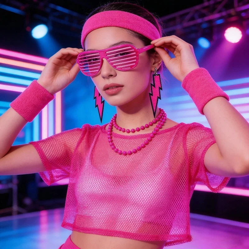 

Аксессуары для вечеринки в стиле ретро 80-х: сетчатый топ, ожерелье, набор очков, винтажный костюм для танцев