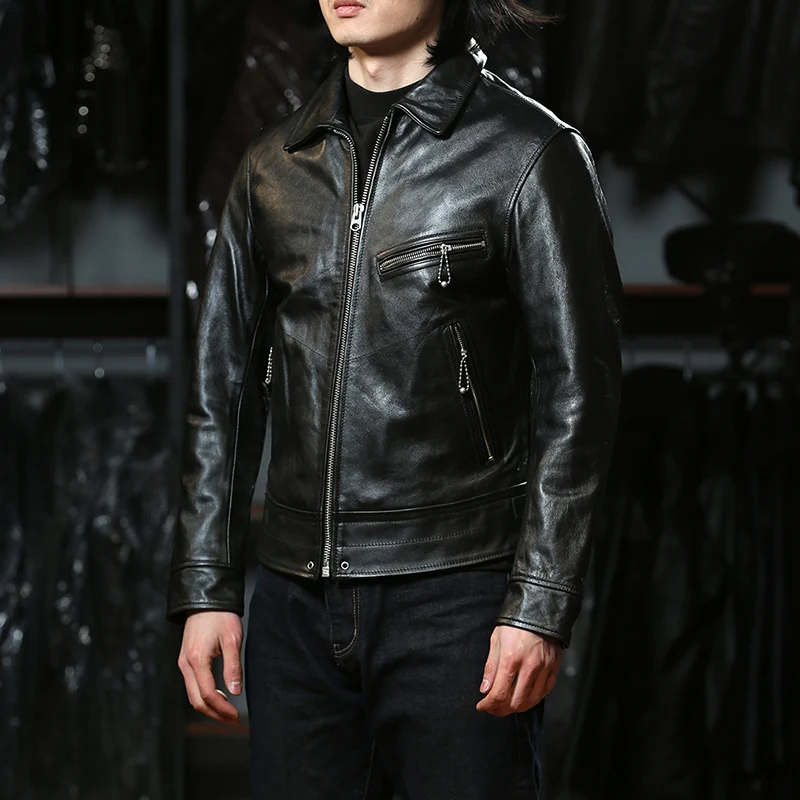 High-quality Simple Genuine Leather Jacket Horsehide Short Moto & Biker Slim Turn-down Collar Men\'s Casual Real Leather Coats