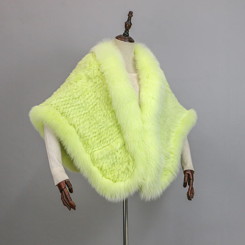 Women 100% Real Rabbit Fur Cape with Fox Fur Collar Winter Warm Knitted Cloak Rabbit Fur Poncho Girls Party Fashion Shawl Scarf