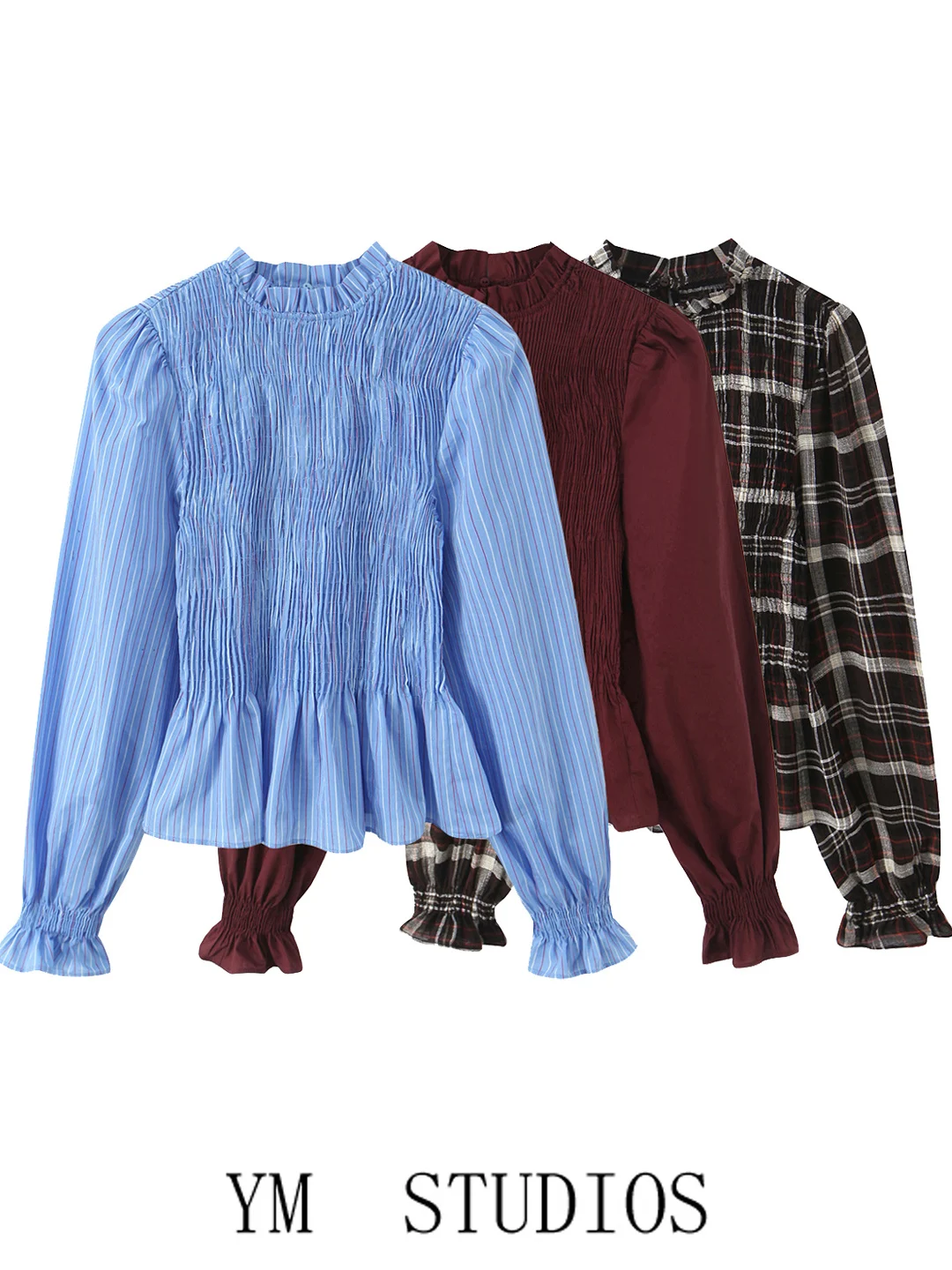 Women's Long Sleeve Shirt Stand Collar Pleated Plaid Gathered Spring Summer Base Layer Trendy Slim Fit Polyester Fiber Resist...