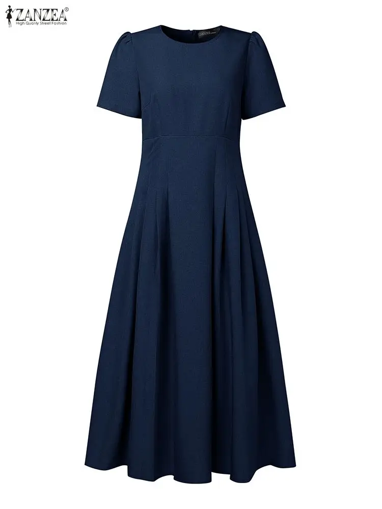 ZANZEA Vintage Long Shirt Dress Women Summer Short Sleeve Solid Midi Vestidos 2025 Fashion OL Casual Loose Pleated Party Robe