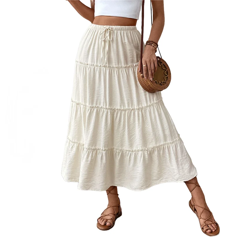 Femmes été décontracté élégant Smock couches à plusieurs niveaux Maxi jupe taille haute une ligne fluide longues jupes avec poches-A55G