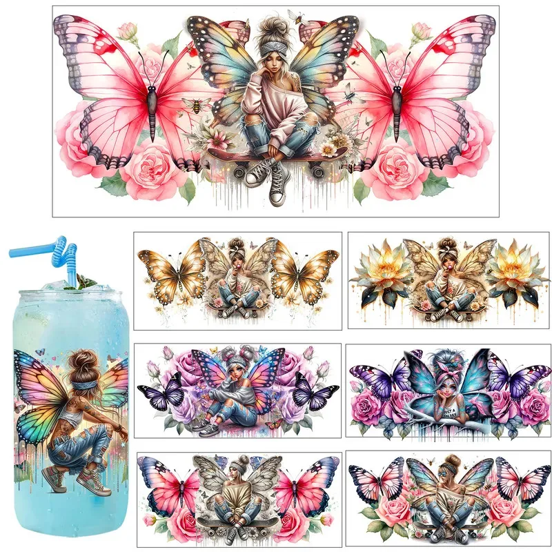 Trendy Fashion Butterfly Flower Girl UV Sticker Party DIY Decals 3D transfers uvdtf tumbler seal stickers 16oz uv dtf cup wraps
