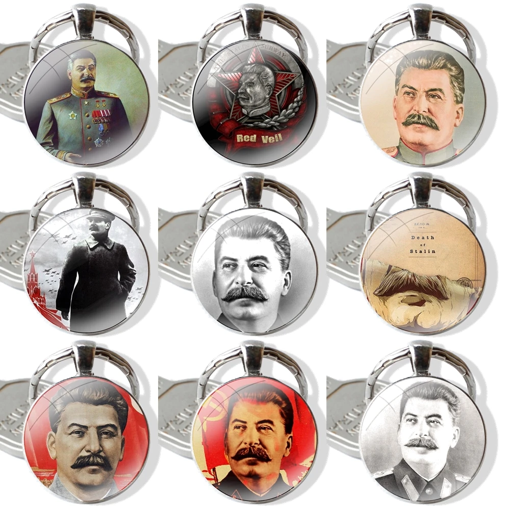 Keychain Handmade Glass Cabochon Key Ring Holder Pendant Key Chains Russian Commander Stalin