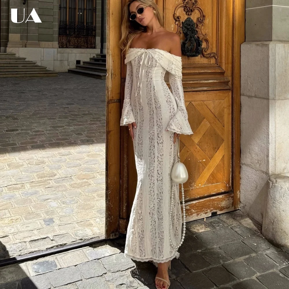 

Trendy Mermaid Lace Slash Neck Midi Dress, Elegant Flare Sleeve Lace-up Prom Dress for Woman, Vacation Style Solid Draped Dress