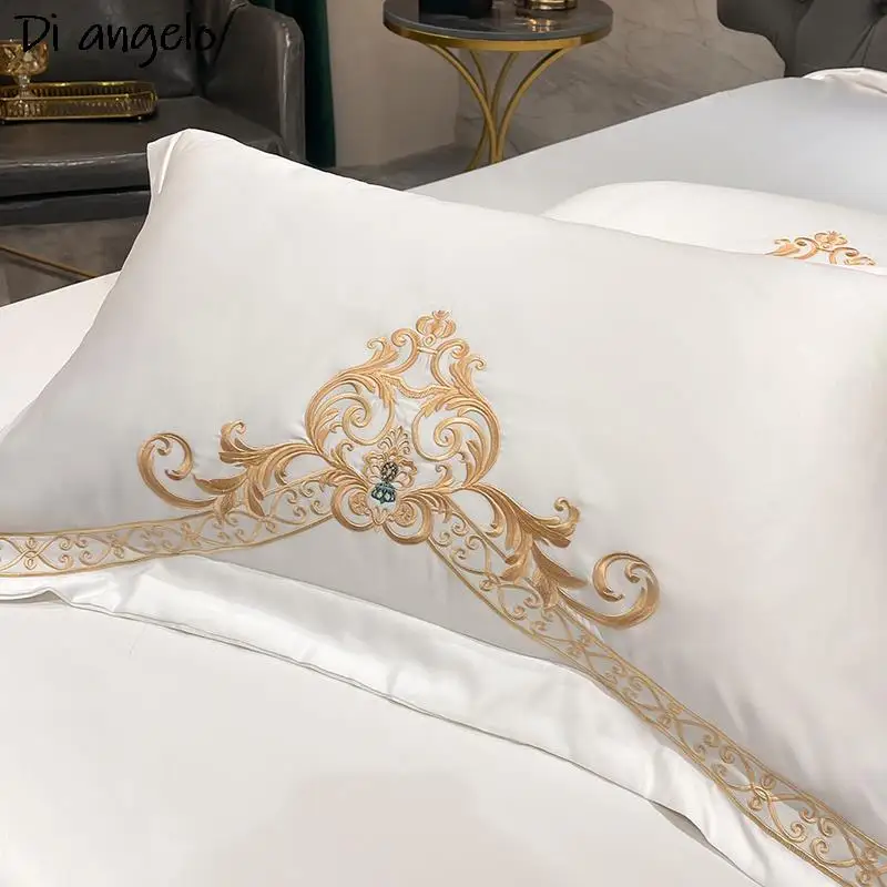 Imagem -05 - Luxo Exquisite Ouro Real Bordado Macio Fácil Cama Conjunto Capa de Edredão Roupa de Cama Folha Plana Fronhas l Novo Branco