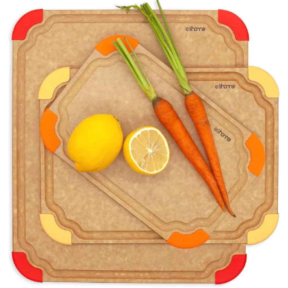 Elihome Premium 3-in-1 Kitchen Cutting Board Set with Non-Slip Base, Color-Coded for Different Foods, Made of Natural Wood Fiber