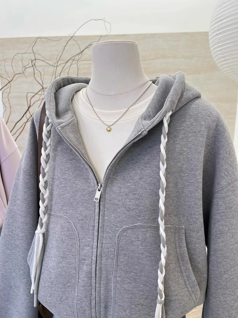 Braided Drawstring Cropped Zip Up Women's Hoodies Solid Color Long Sleeve Sweatshirt Spring Autumn Casual Jacket with Pockets