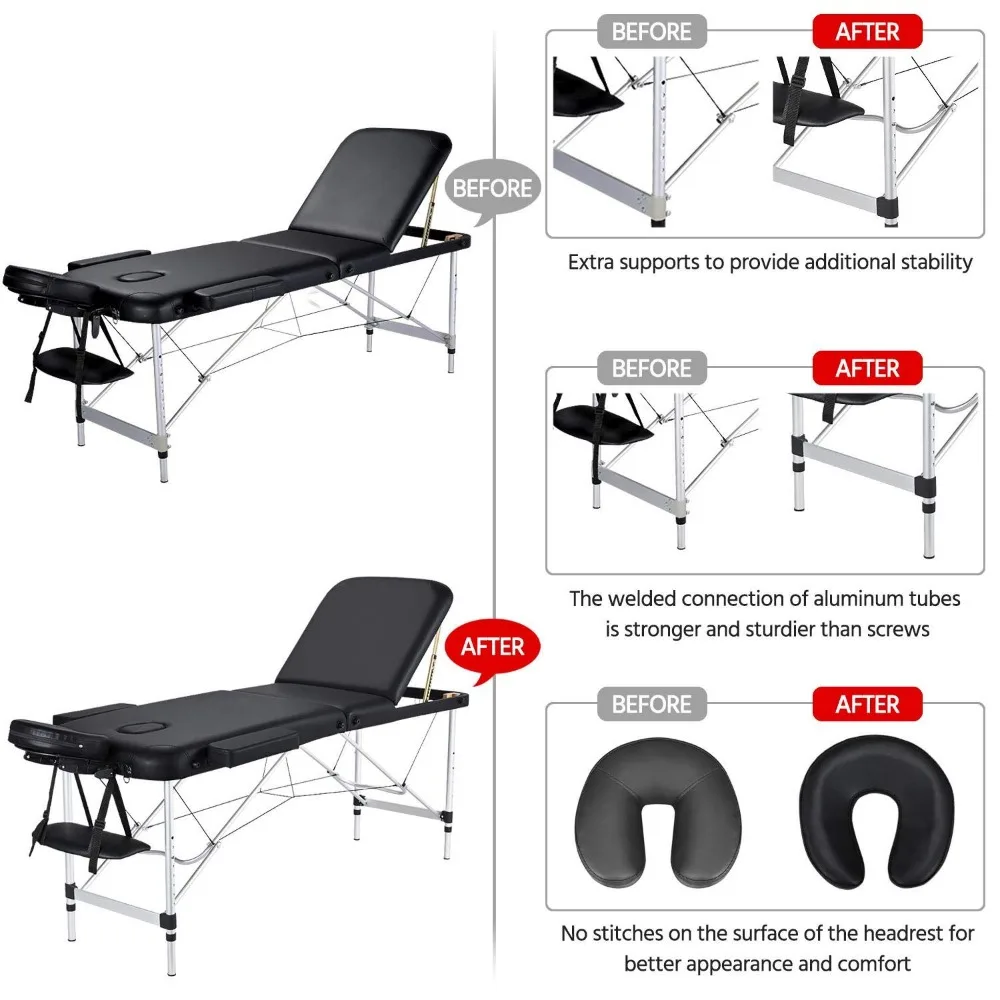 Shampoo Chair Massage Table Portable Aluminum 3 Folding Spa Bed with Non Woven Bag 24 Inch Wide Black