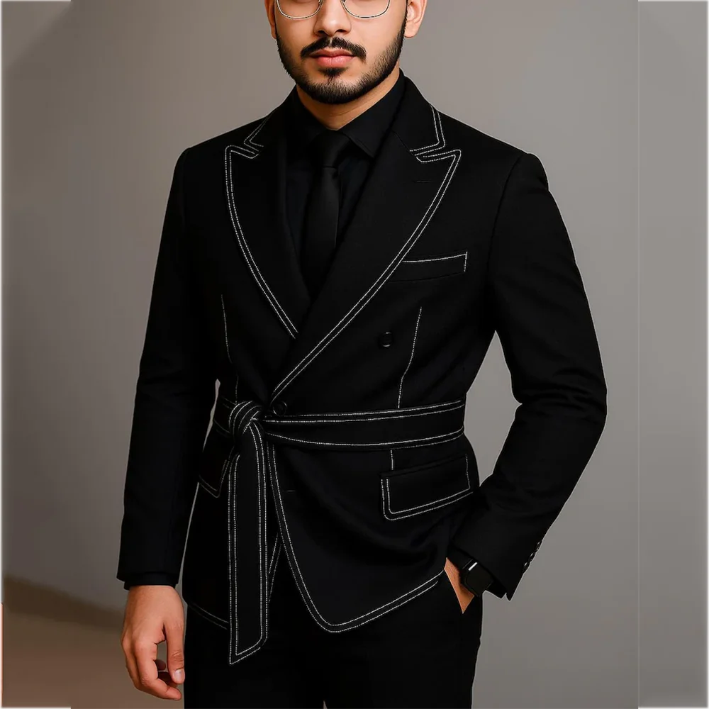 

Elegant Men Suit with Belt Peak Lapel Fashion Suit Two Piece Jacket Pants Double Breasted Front Flat Business Formal Set