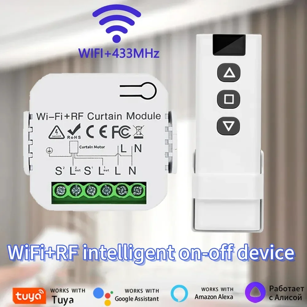 Tuya WiFi Sakelar Tirai Pintar Modul Rana Tirai Rol Listrik RF433MHz Remote Control Kehidupan Pintar untuk Google Home Alexa