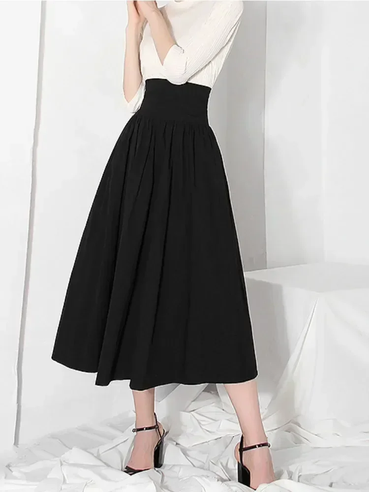 DEEPTOWN Black Long Skirt Women Vintage High Waist A-line Korean Style Loose Bandage Elegant Hepburn skirt Autumn Office Lady