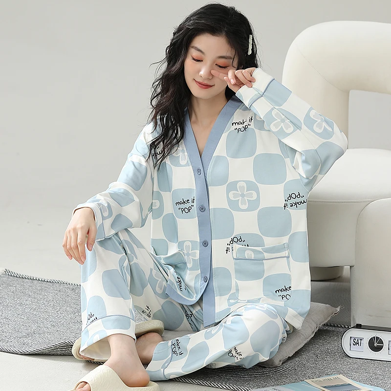 Blue Plaid Pajama Women Cute Kawaii Sweet Long Sleeves Long Pants Autumn Winter Soft Sleepwear Cozy Pyjamas Girl Pijamas Lady Pj