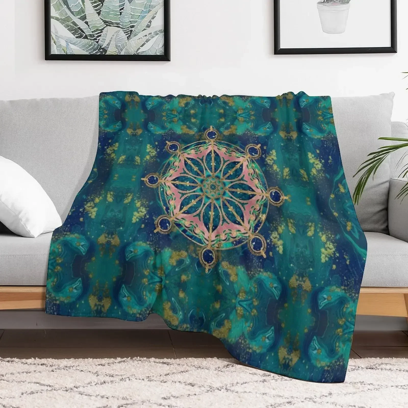 Dharma Wheel - Dharmachakra Gemstone & Gold Throw Blanket Furry Thin Luxury Brand Blankets