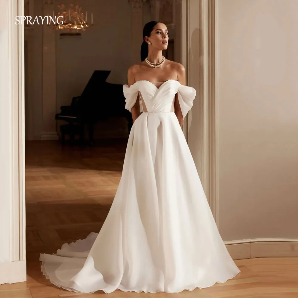 

SPRAYING Elegant Sweetheart Organza Wedding Dresses Off Shoulder Bridal Gowns A line Long Train Bridal Party Gown Customized