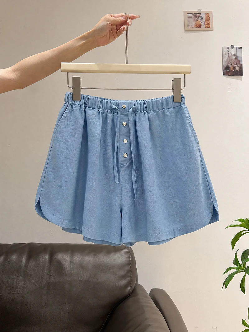 Linen High Waisted Shorts for Women Summer 2026 New Loose Waisted Drawstring Hot Pants Solid Color Commute Wide Leg Shorts