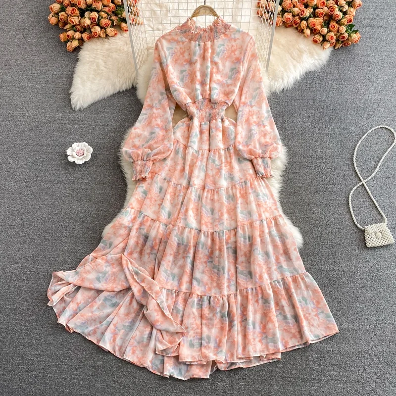 Vestido Longo E com Estampa Floral e Gola Alta em Camadas com Estilo Coreano e Manga Longa