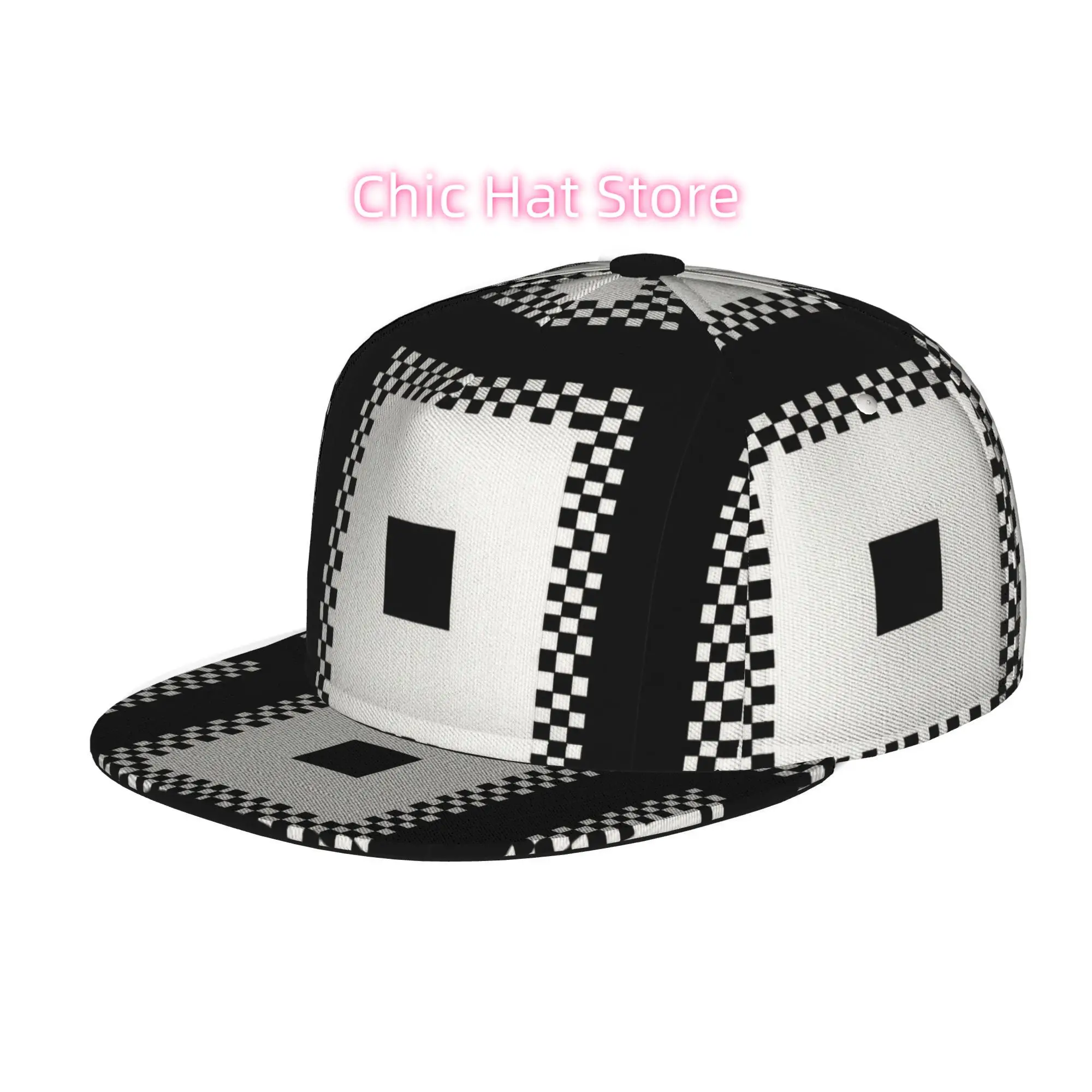 Men'S And Women'S Baseball Cap, Abstract Geometric Pattern with Checkered Border Adjustable Snap Closure, Flat Brim Design – Sui