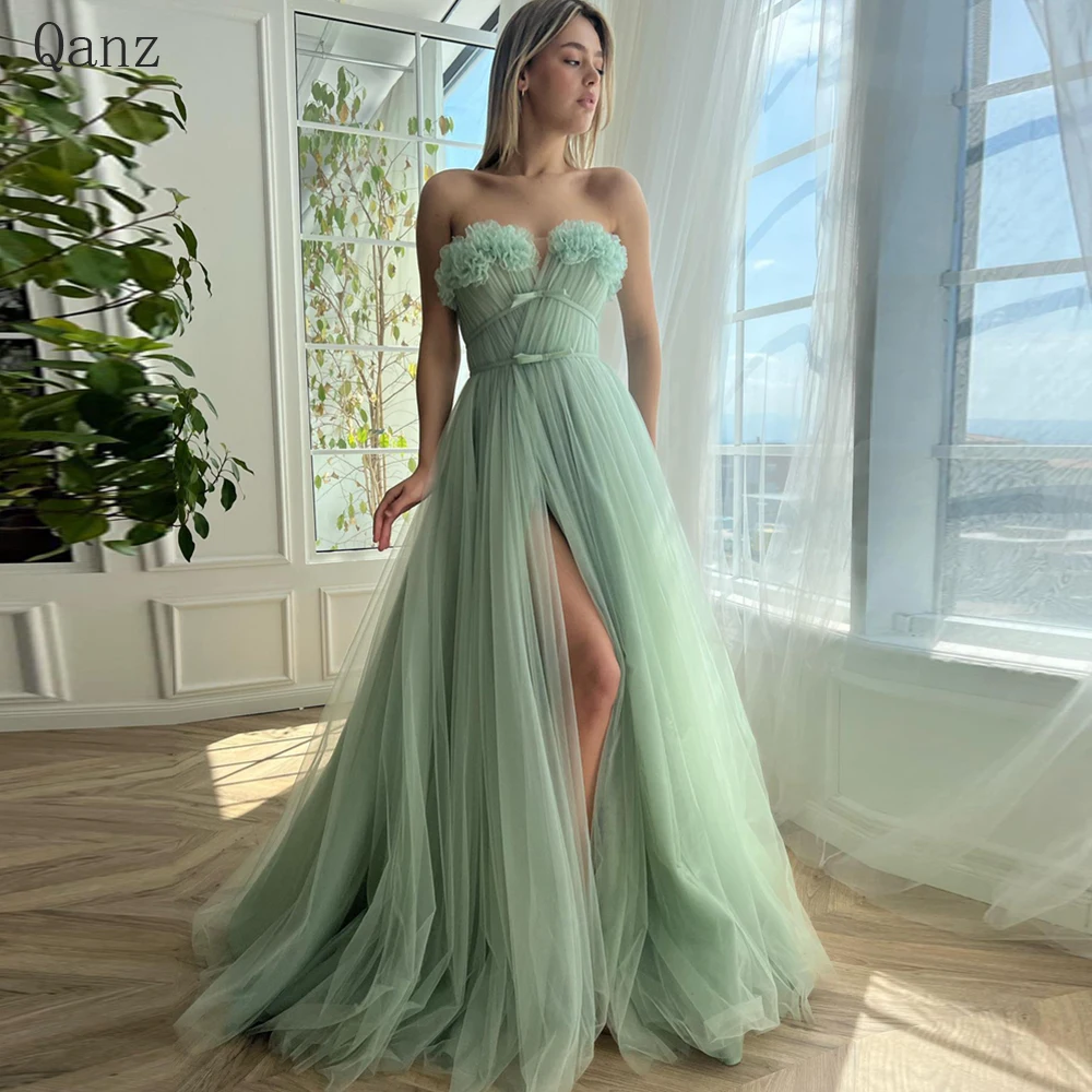 

Qanz Mint Green Tulle A-line Prom Dresses Sexy Leg Slit Long Evening Gowns Formal Party Occasion Dresses Customized