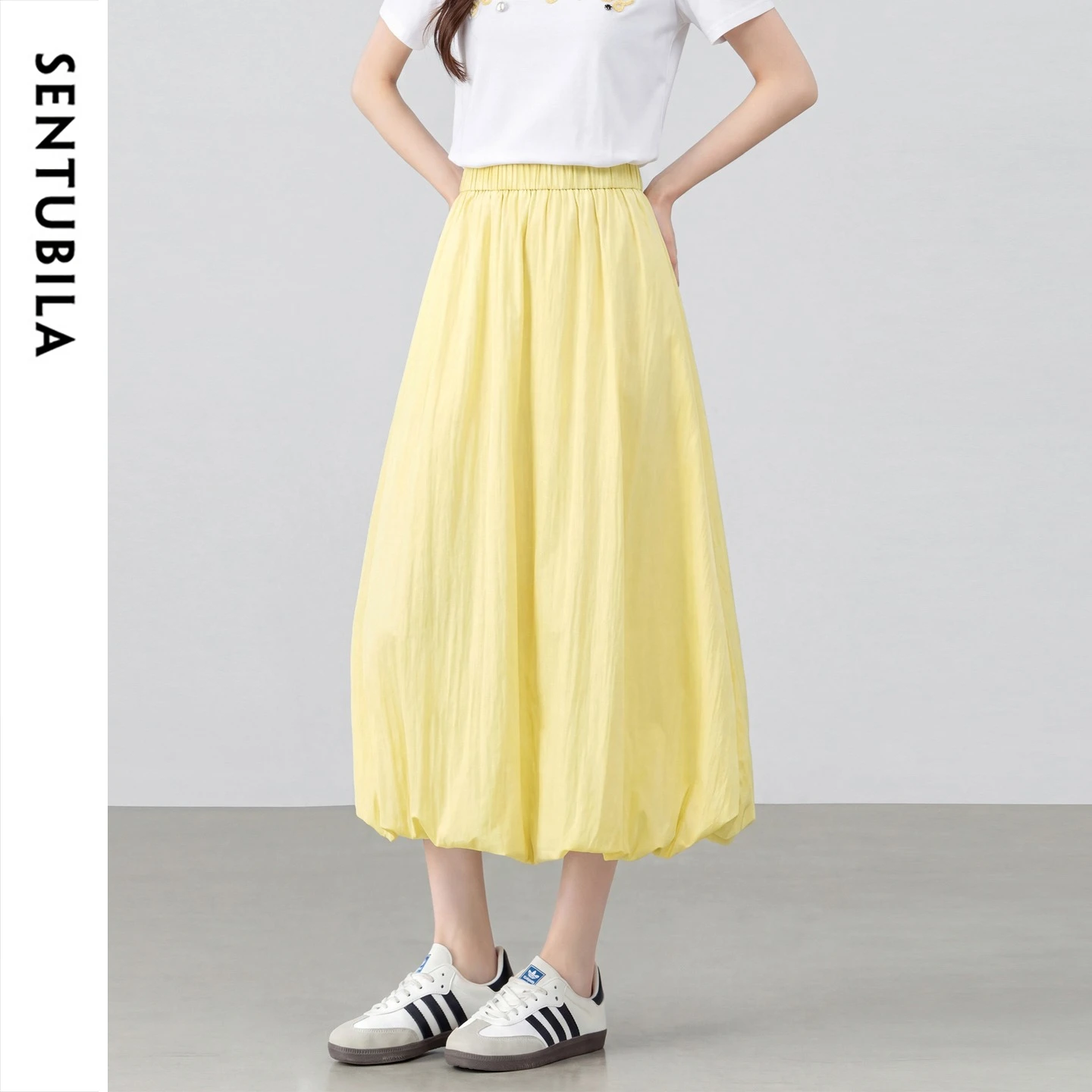 SENTUBILA Women A-line Bud Skirt 2026 Summer Spring Autumn Cotton Blend Elastic Waist Midi Skirts for Woman Clothing 161QA5903