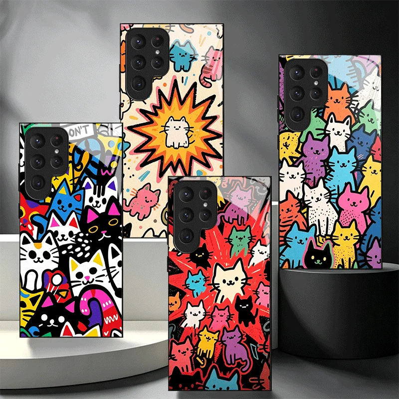 Cartoon Cute Cats Theme Glass Phone Case for Samsung Galaxy S26 S25 S24 S23 Ultra Edge S22 S21 Plus S20 FE Shockproof Cover Shel