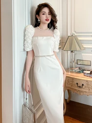 2024 Summer New Formal Dress Sweet Celebrity Beaded White Long Dress Sheer Mesh Flowers Split Slim Robe Femme Prom Party Vestido