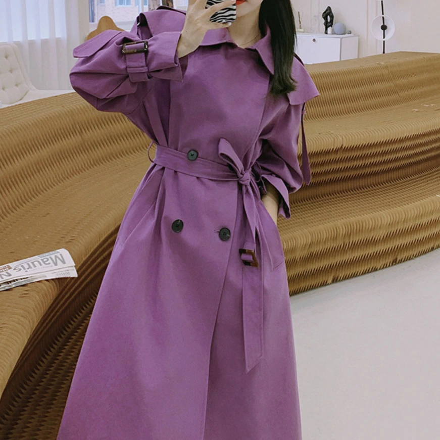 New in Outerwears Elegant Women Trenchcoat Purple Double Breasted Long Trench Coats Lapel Belted Jacket Mid Long Slim Clothes