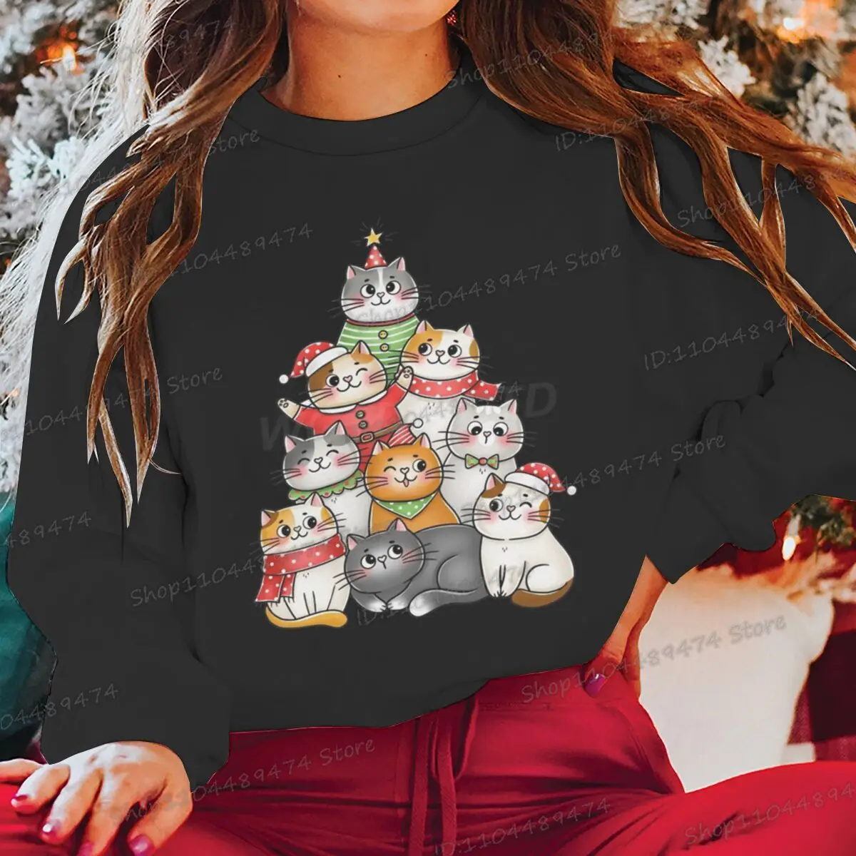 الكرتون شجرة عيد الميلاد القطط البلوز الرجال النساء طاقم الرقبة الحيوان طباعة البلوز الخريف الشتاء عارضة أزياء عيد الميلاد الملابس هدية