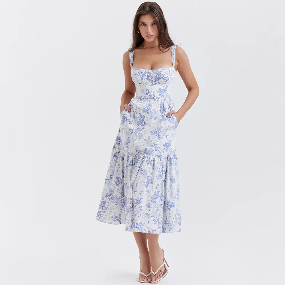 

Women's Floral Midi Dress - Sleeveless Backless Spaghetti Strap Sundress, Sweet & Sassy Summer Dress