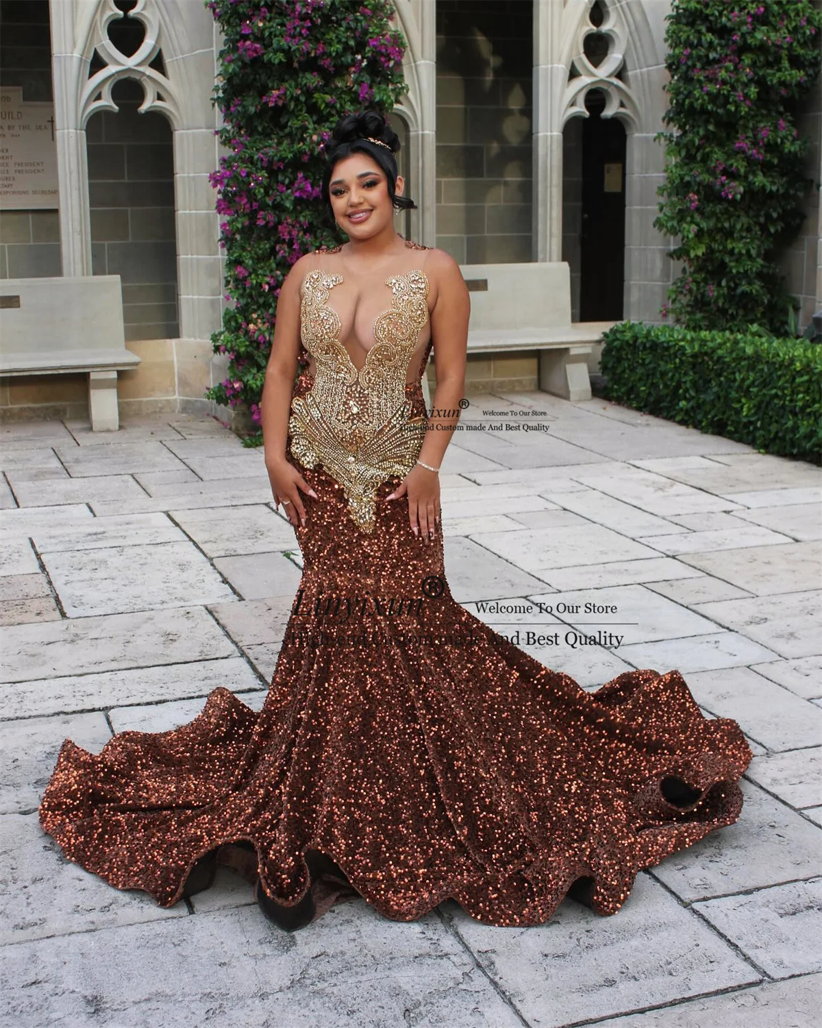 Fashion Brown Black Girls Mermaid Prom Dresses Luxury Rhinestones Beaded Evening Party Gala Gowns Long Birthday Robe De Soiree