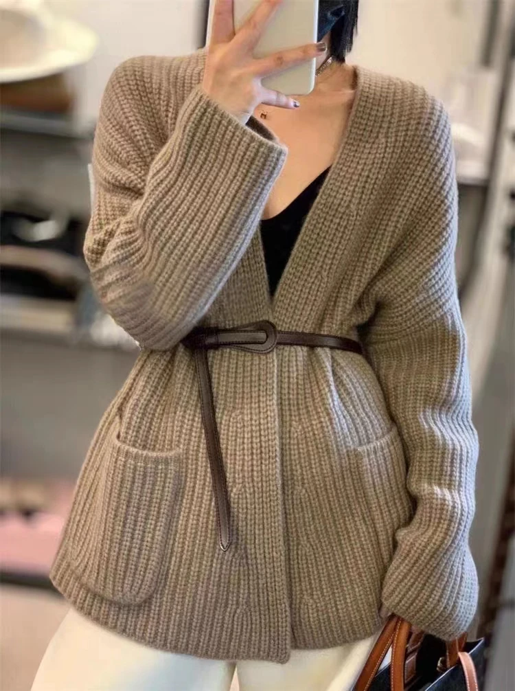 Autumn Winter New 100% Merino Wool Cardigan Knitted Sweater Women\'s Fashion Loose Large Size Cardigans Solid Thickened Clothing