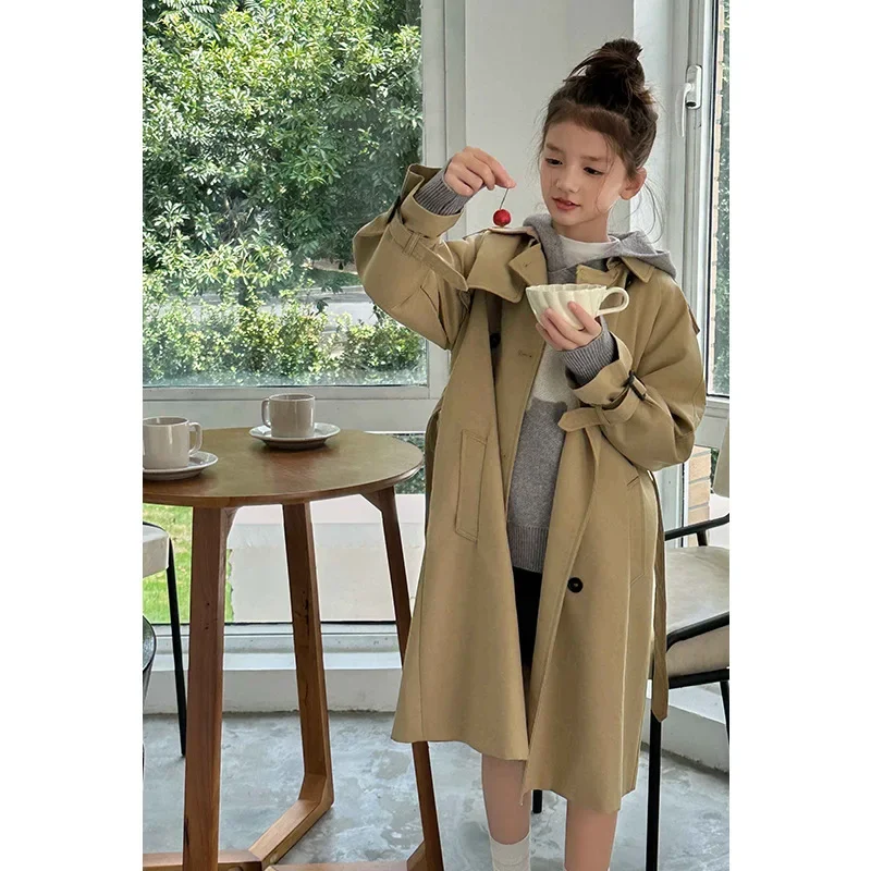 Girls Coat Double-breasted Trench Coat 2024 Autumn New British Style Style Children Mid-length Coat Fashion Simple Casual Top