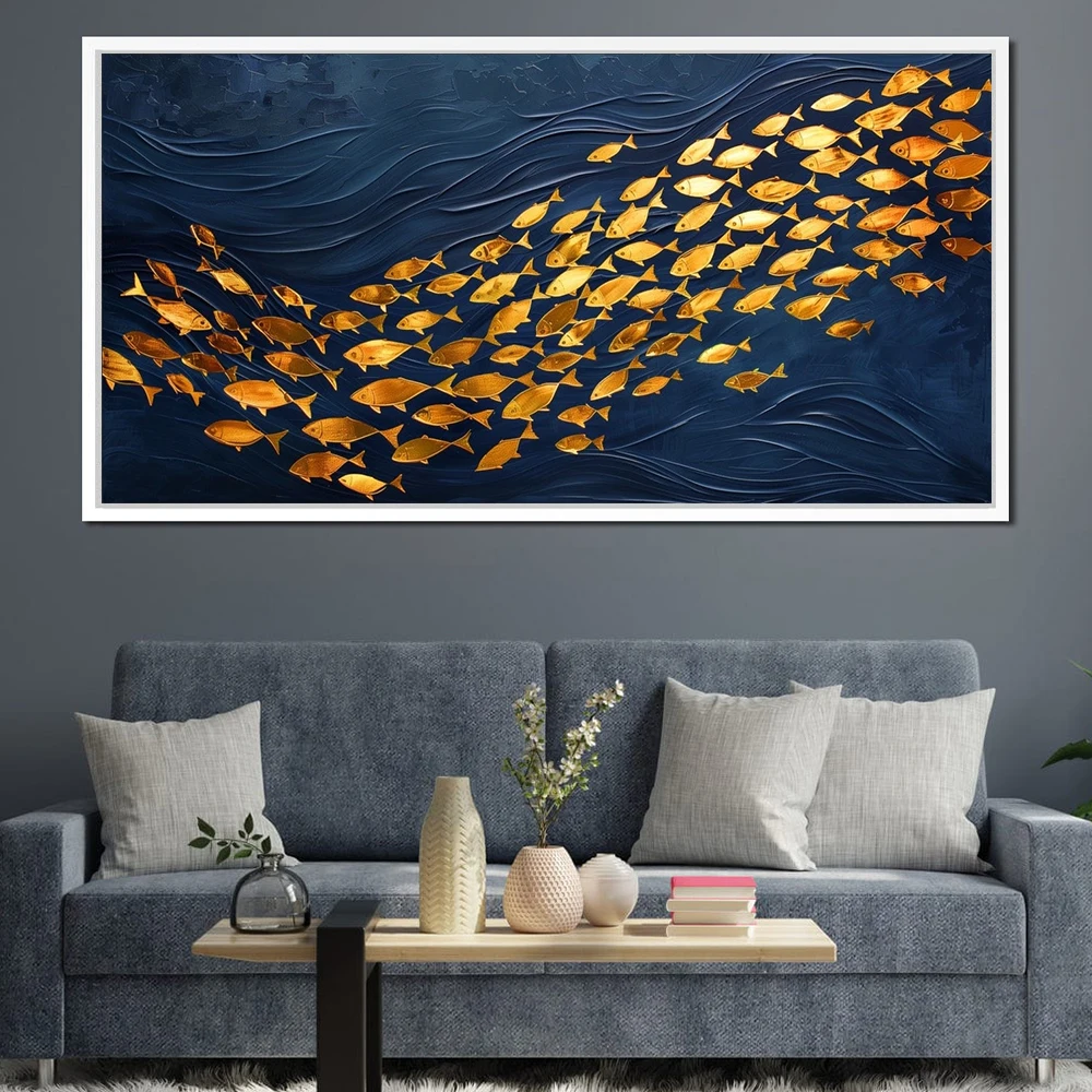 Modern Luxury Art Posters Prints Navy Blue Ocean Gold School Of Fish Canvas Painting Modern Beach House Living Room Home Decor