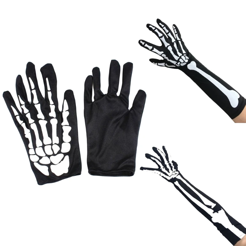 Skeleton Full Finger Gloves Bone Print Mittens Halloween Long Arm Length Wrist Length Dance Gloves Costume Accessory