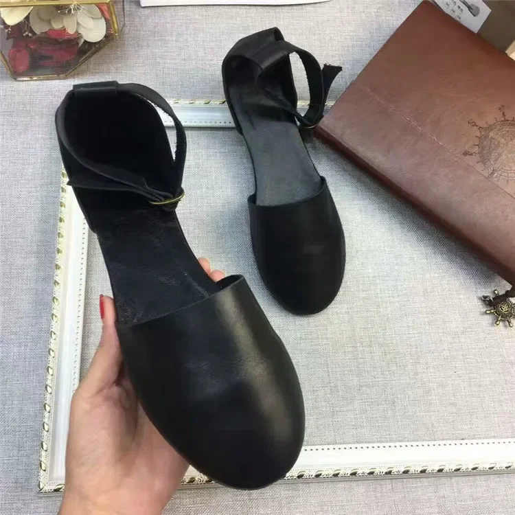 Careaymade-Genuine Leather Pure handmade women's sandals comfortable Soft cowhide retro art casual flat round  women's shoes