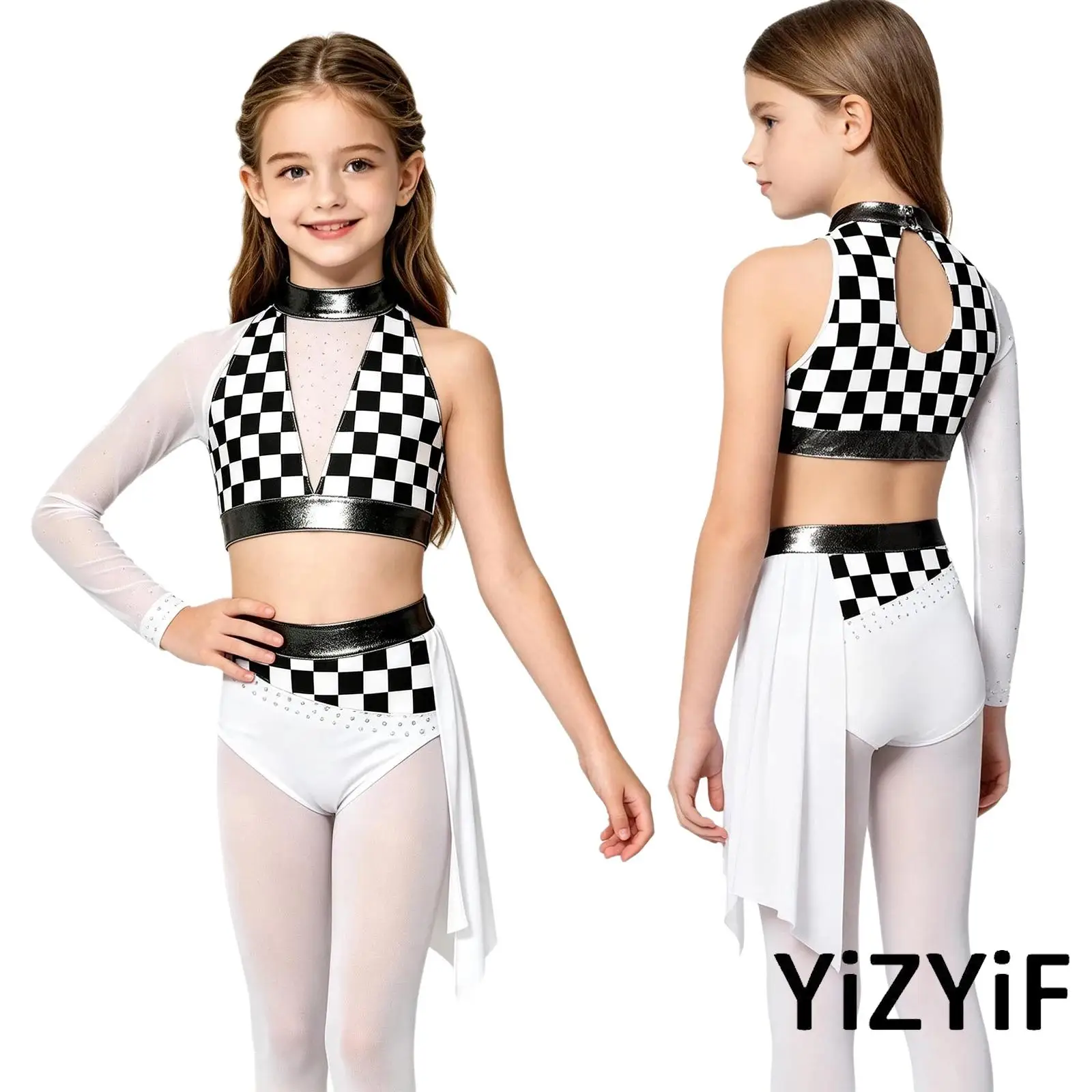 Kids Girls Latin Dance Cousyume One Shoulder Long Sleeve Mesh Patchwork Tops with Rhinestone Bottoms for Latin Stage Competition