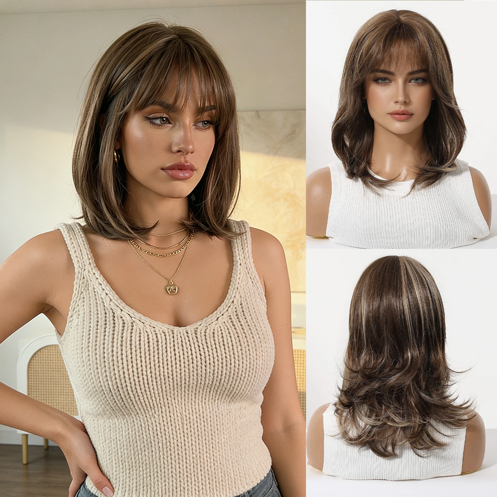 Medium Length wavy Wigs Dark To Light Brown Layered Synthetic Wigs With Bangs For Women Party Natural Heat Resistant Fake Hair