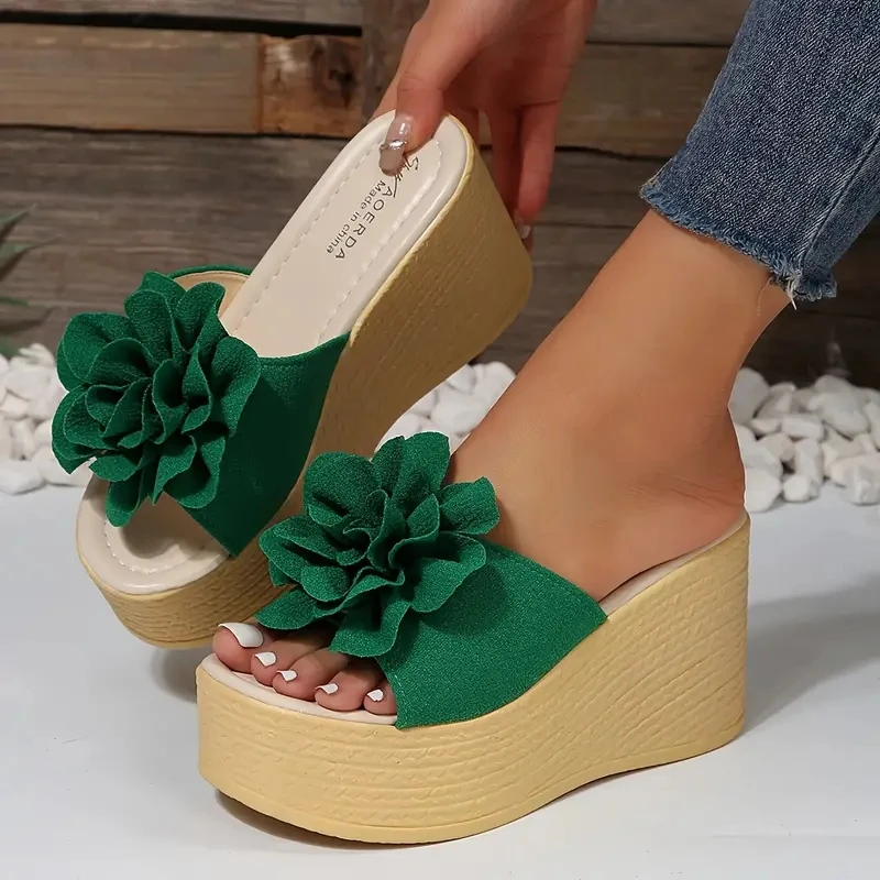 Aphixta verde bebé rosa nuevo 3,54 pulgadas tacones de cuña de altura apliques flores plataforma diapositivas mujeres