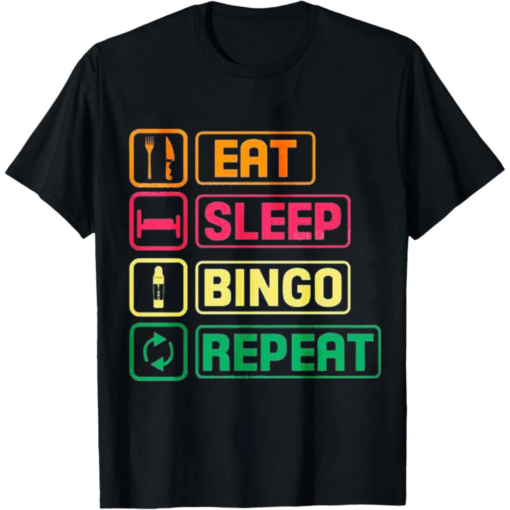 Bingo Enthusiast Graphic Tee Eat Sleep Bingo Repeat Kitchen Utensil Icon Vintage Frame Print Summer Black Casual Tshirt